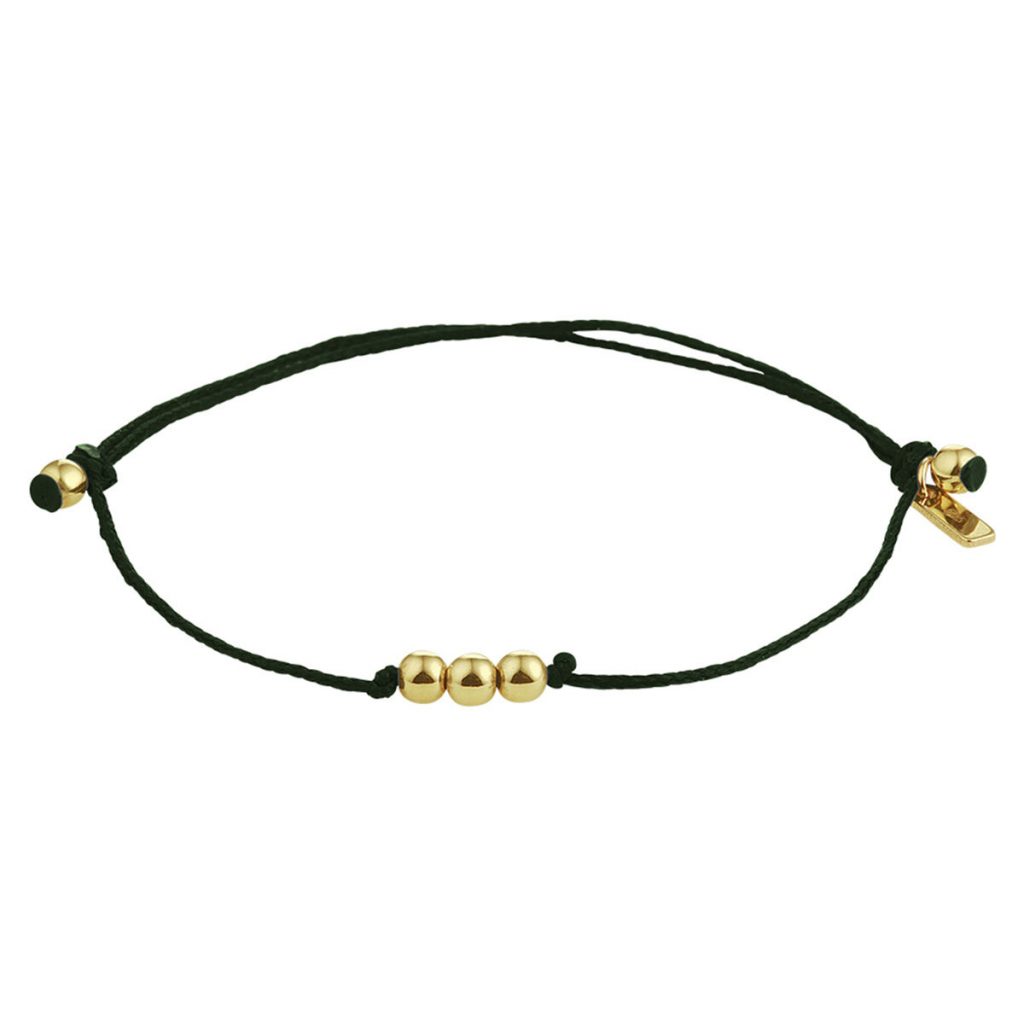 Armbandje groen koord met gouden kralen